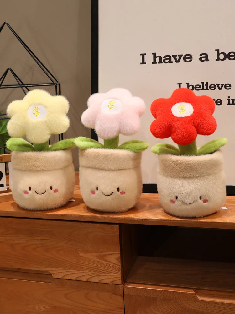 28cm Flower Pot Plush Pillow Stuffed 6-petal Plant Smiling Face Soft Plushie with Legs Red Pink Yellow Decor Birthday Gift
