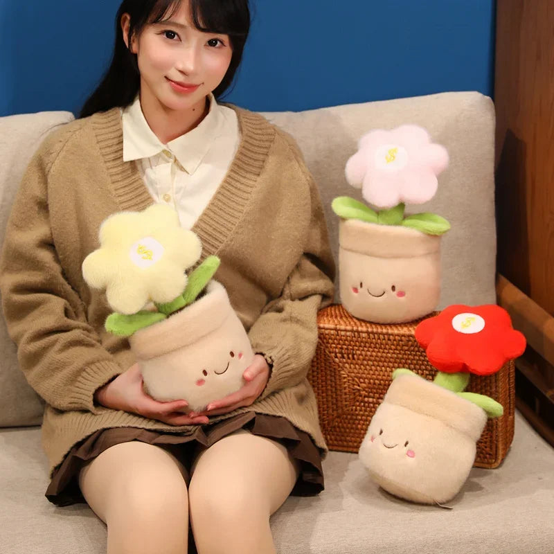 28cm Flower Pot Plush Pillow Stuffed 6-petal Plant Smiling Face Soft Plushie with Legs Red Pink Yellow Decor Birthday Gift