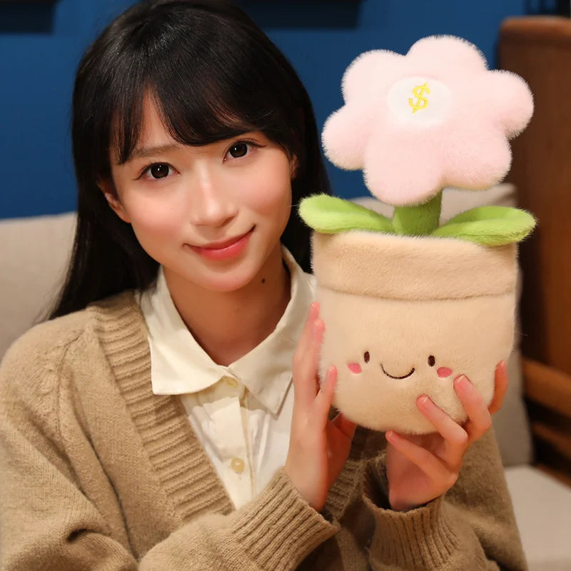 28cm Flower Pot Plush Pillow Stuffed 6-petal Plant Smiling Face Soft Plushie with Legs Red Pink Yellow Decor Birthday Gift