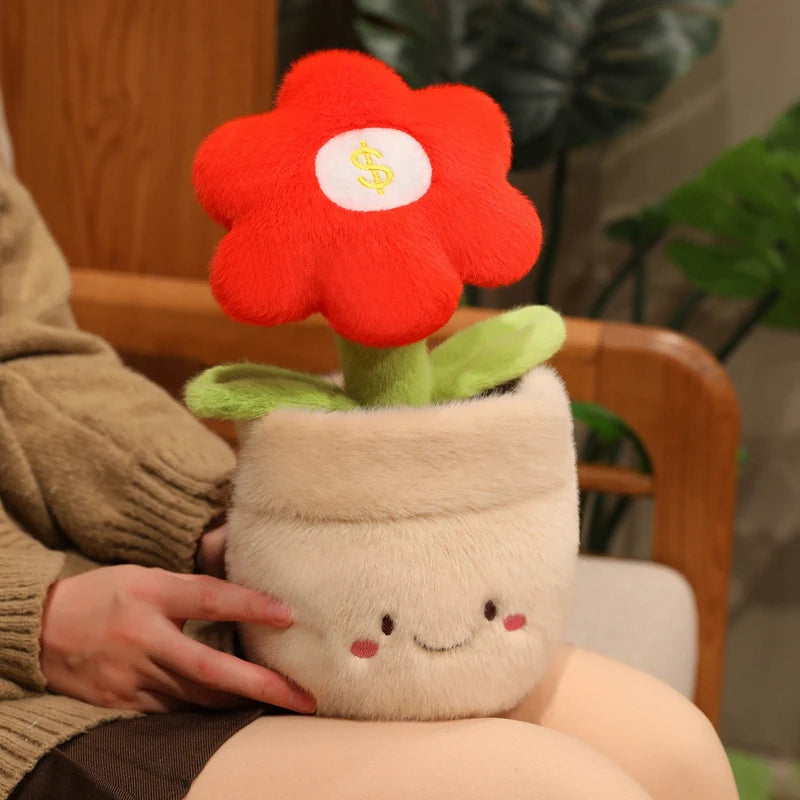 28cm Flower Pot Plush Pillow Stuffed 6-petal Plant Smiling Face Soft Plushie with Legs Red Pink Yellow Decor Birthday Gift