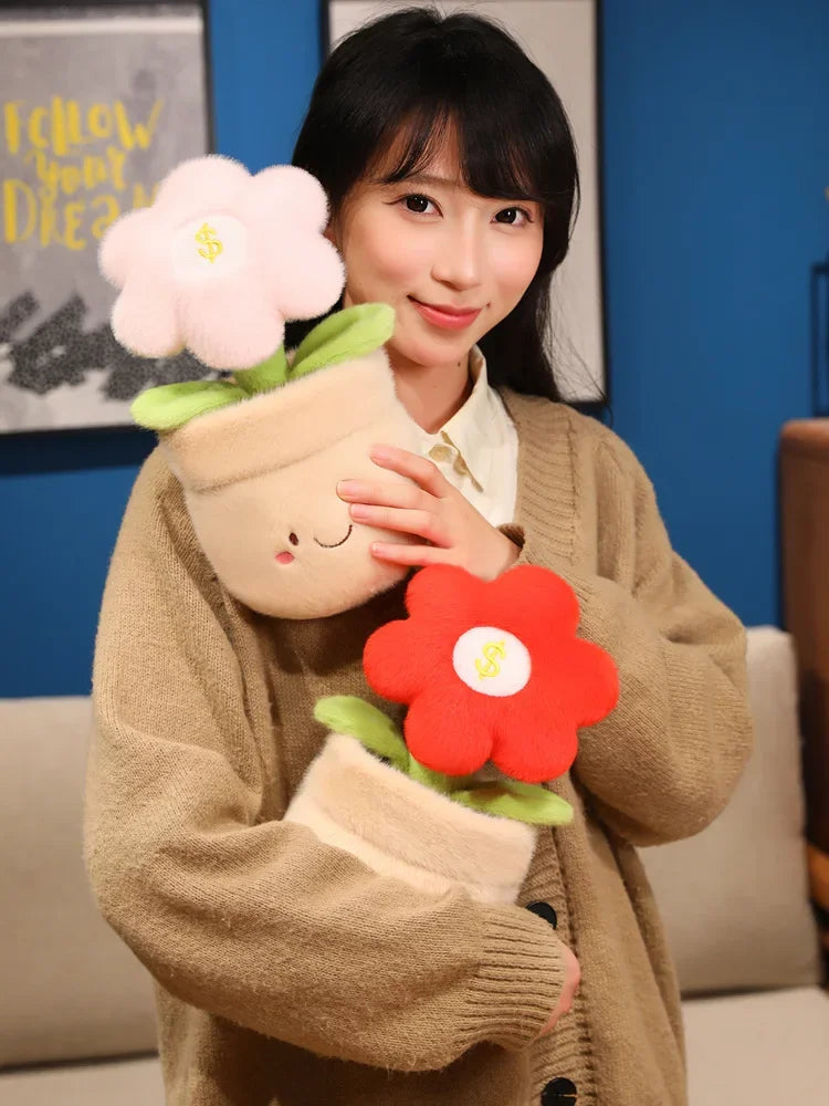 28cm Flower Pot Plush Pillow Stuffed 6-petal Plant Smiling Face Soft Plushie with Legs Red Pink Yellow Decor Birthday Gift