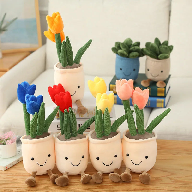 Lifelike Tulip Succulent Plants Plush Stuffed Toys Soft Home Decor Doll Creative Potted Flowers Pillow for Kids Birthday Gift