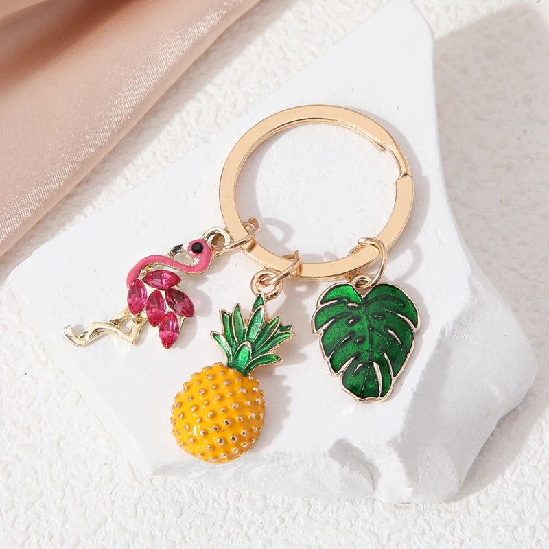 Cute Red-crowned Crane Pineapple Leaves Enamel Keychain Summer Lovely Animal Plant Key Chain For Making DIY Jewelry Handmade
