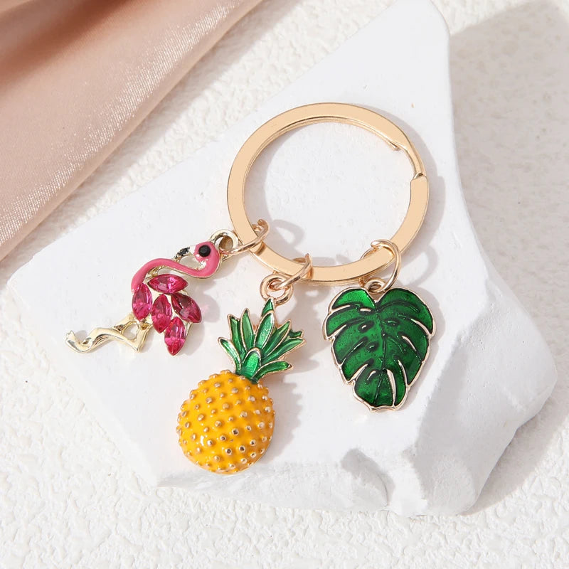 Cute Red-crowned Crane Pineapple Leaves Enamel Keychain Summer Lovely Animal Plant Key Chain For Making DIY Jewelry Handmade