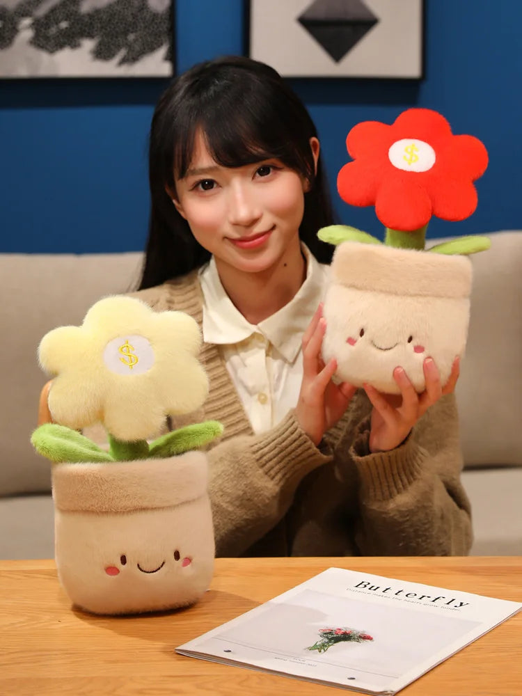 28cm Flower Pot Plush Pillow Stuffed 6-petal Plant Smiling Face Soft Plushie with Legs Red Pink Yellow Decor Birthday Gift