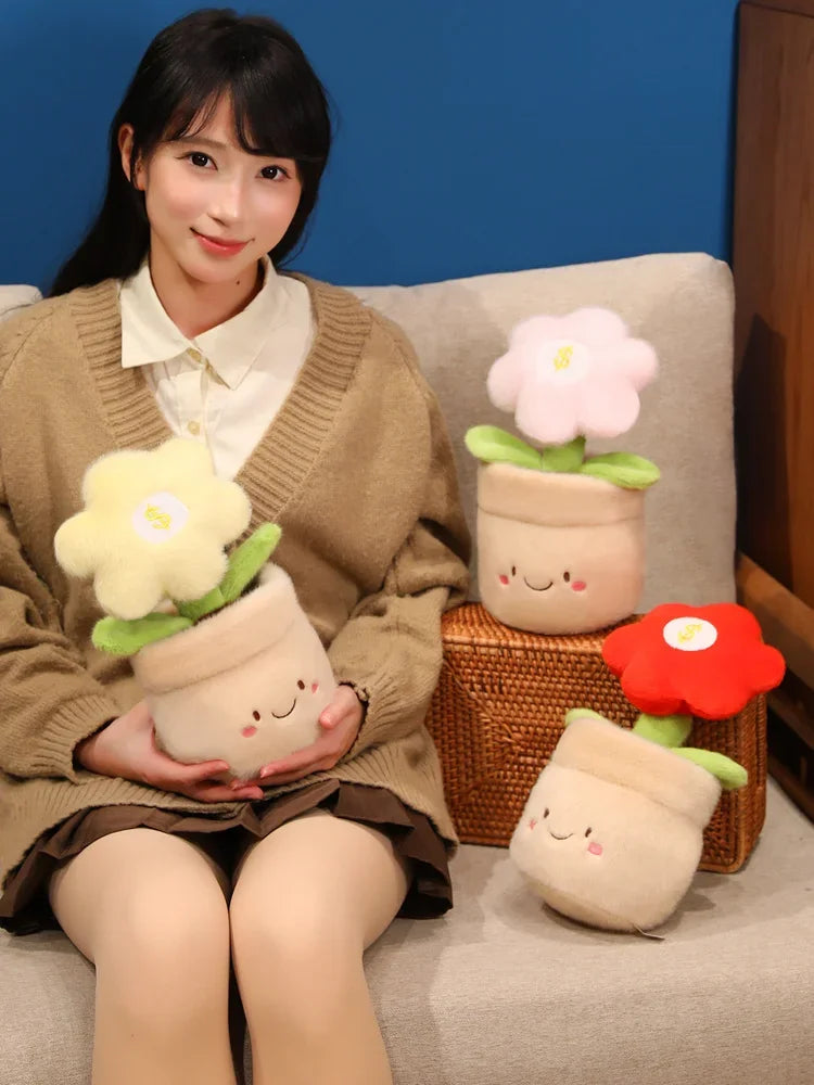 28cm Flower Pot Plush Pillow Stuffed 6-petal Plant Smiling Face Soft Plushie with Legs Red Pink Yellow Decor Birthday Gift