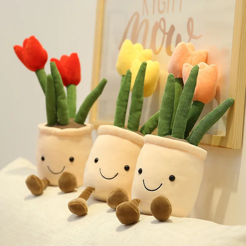 Lifelike Tulip Succulent Plants Plush Stuffed Toys Soft Home Decor Doll Creative Potted Flowers Pillow for Kids Birthday Gift