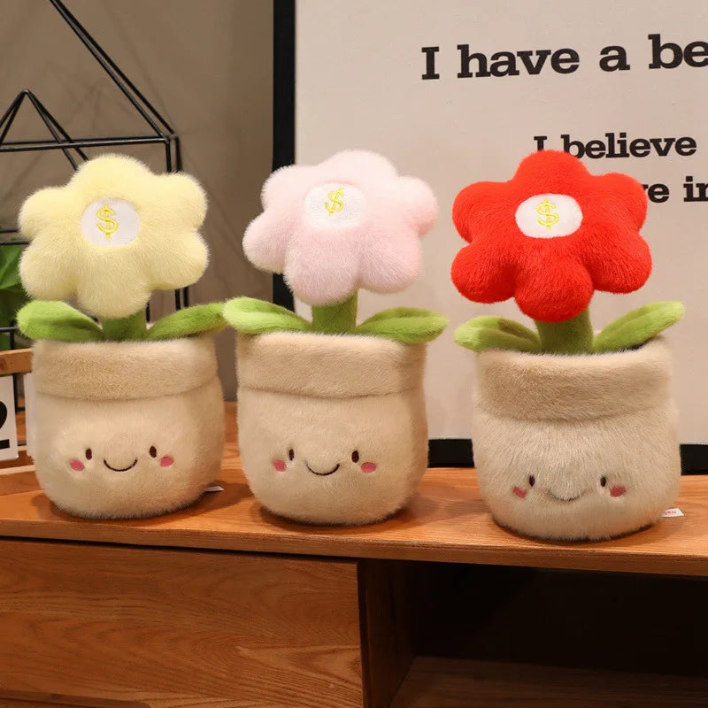 28cm Flower Pot Plush Pillow Stuffed 6-petal Plant Smiling Face Soft Plushie with Legs Red Pink Yellow Decor Birthday Gift